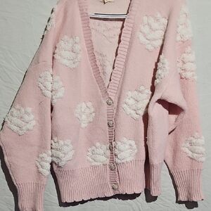 Elegant Pink Knit Cardigan with Floral Accents